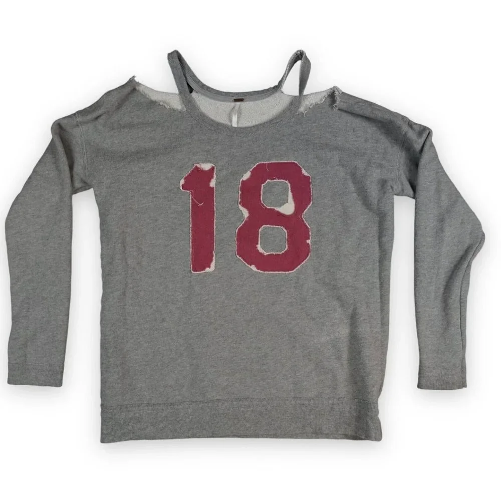 Free People Sweater Top Small‎ Grey Cold Shoulder Pullover Embroidered 18